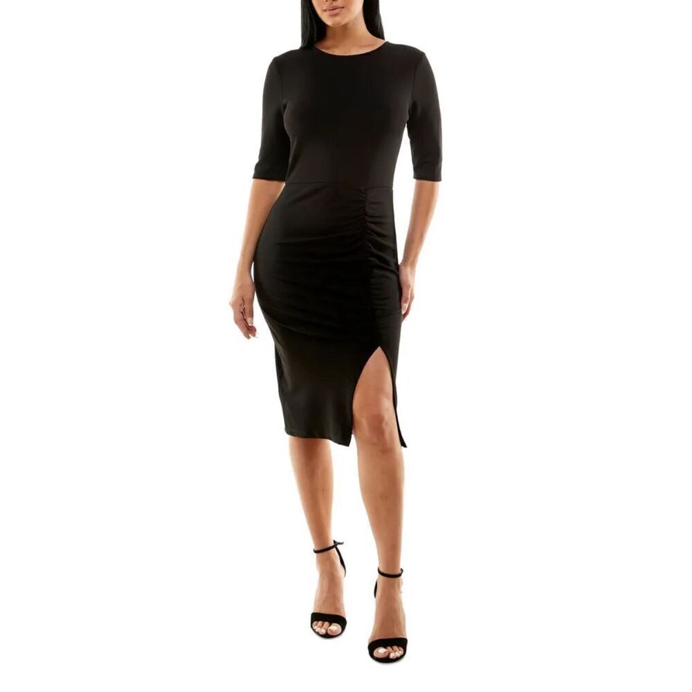 B. Darlin Black Dress Juniors Size 5 Short Sleeve Ruched Back Zip NEW